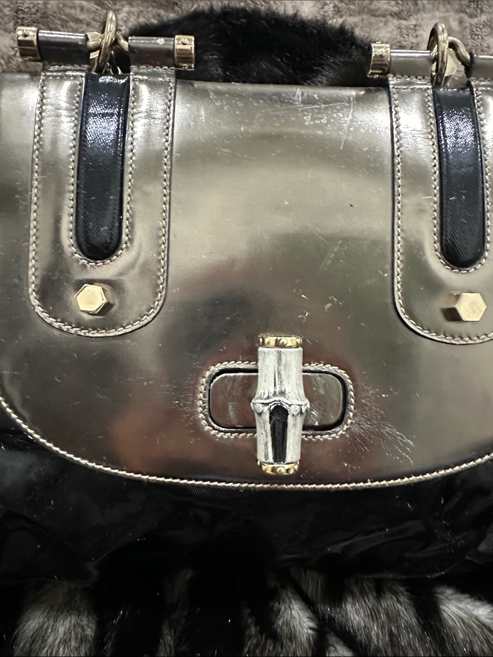 GUCCI metallic Silver and Black Top-Handle GUCCI bamboo LARGE purse - Picture 2 of 16